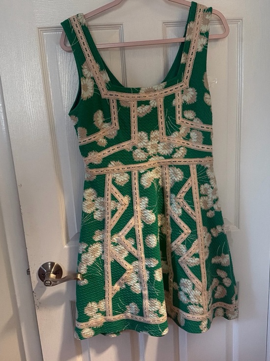 Maeve Dresses & Skirts - Maeve Green Floral Fit-and-Flare Dress with Cream Lace Trim